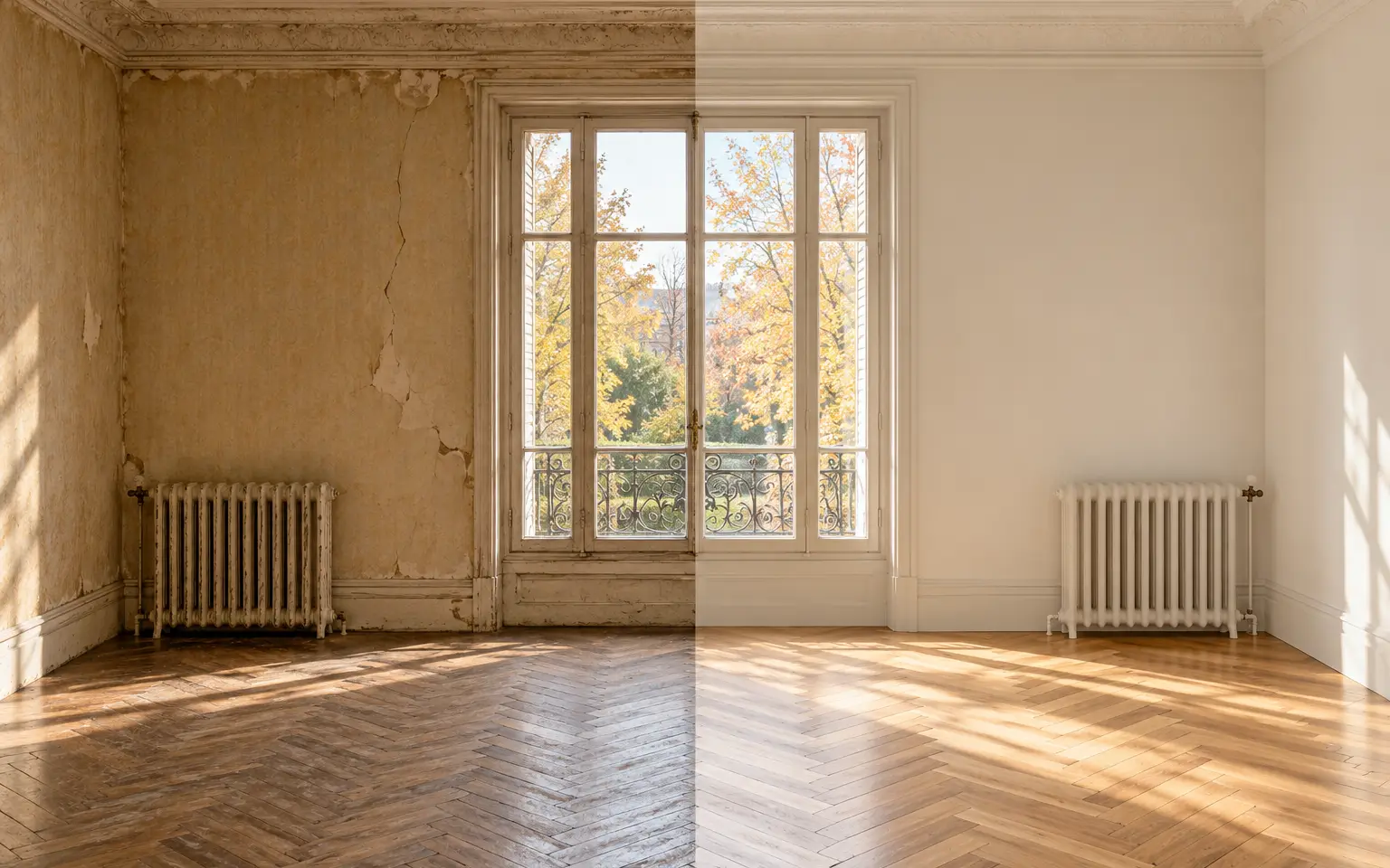Salon ancien : mur abîmé à gauche, repeint et lumineux à droite
