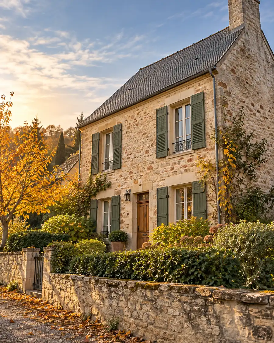 Maison en pierre claire aux volets verts, jardin et arbres d’automne